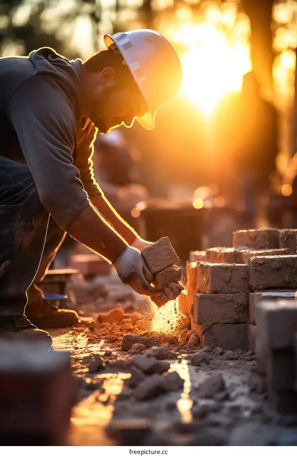 Construction worker laying bricks at a construction site