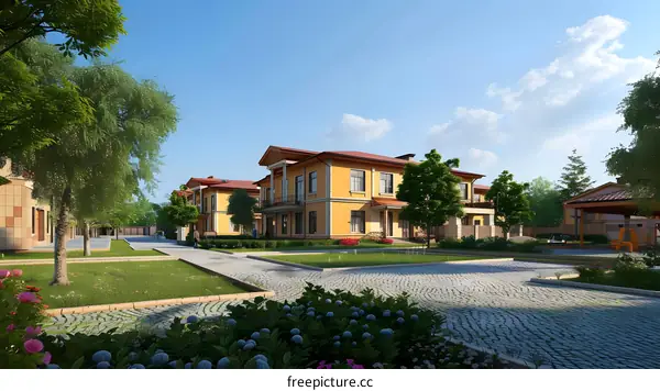 Beautiful Residential Area with Green Trees and Cobblestone Path