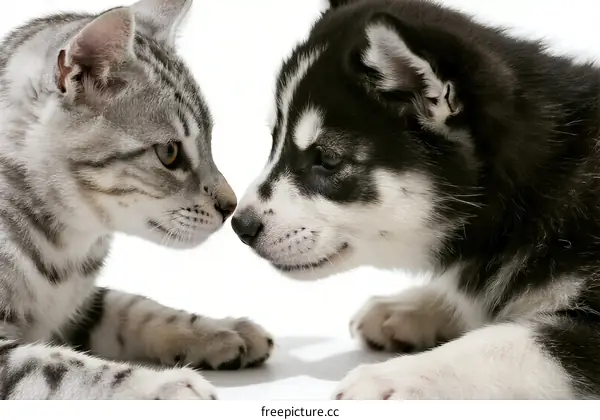 A close-up view of a cat and a puppy facing each other