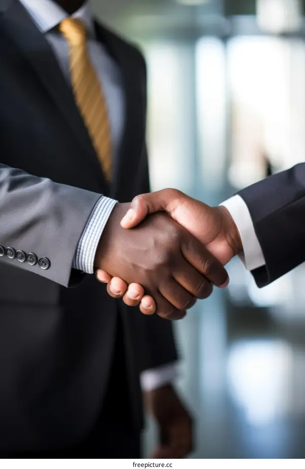 Businessmen of African descent shaking hands in agreement