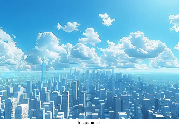 City Skyline with Blue Sky and White Clouds
