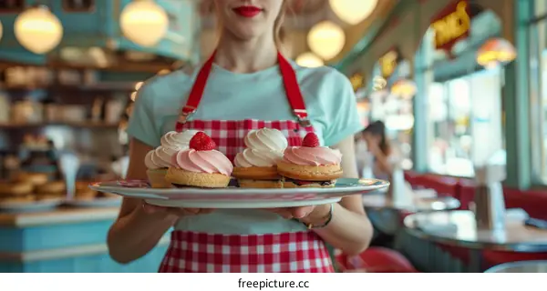 Waitress holding a plate of cupcakes