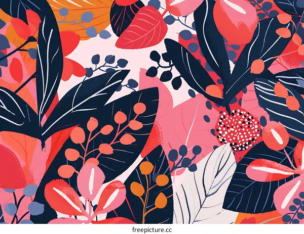 Abstract Floral Pattern with Red Pink and Blue Leaves