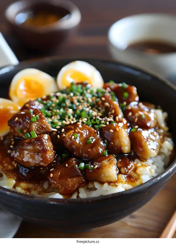 Close Up of a Bowl of Japanese Pork and Rice with Soft Boiled Eggs