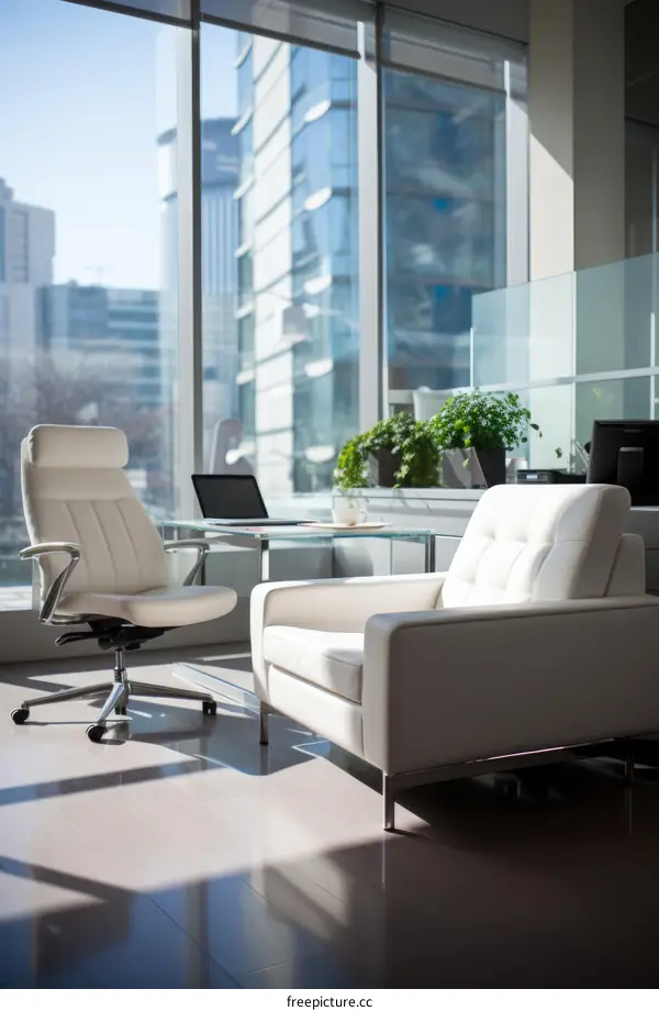 Office interior with white leather chairs and a glass table