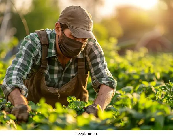 Male farmer wearing protective face mask working in potato field