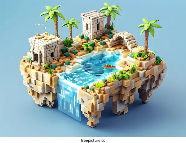 Pixel Art Illustration of a Floating Island with Palm Trees and Ruins