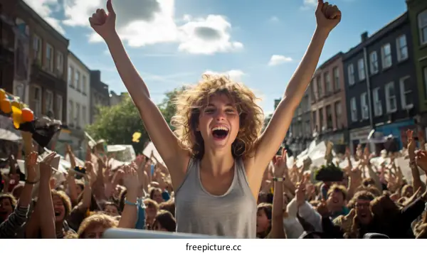 A large crowd of people celebrate with joy and happiness in the streets