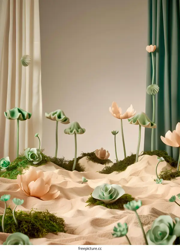 Green Flowers And Mushrooms In A Sandy Landscape