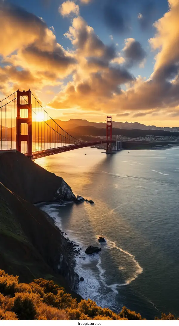 The Golden Gate Bridge at sunset, as seen from the Marin Headlands