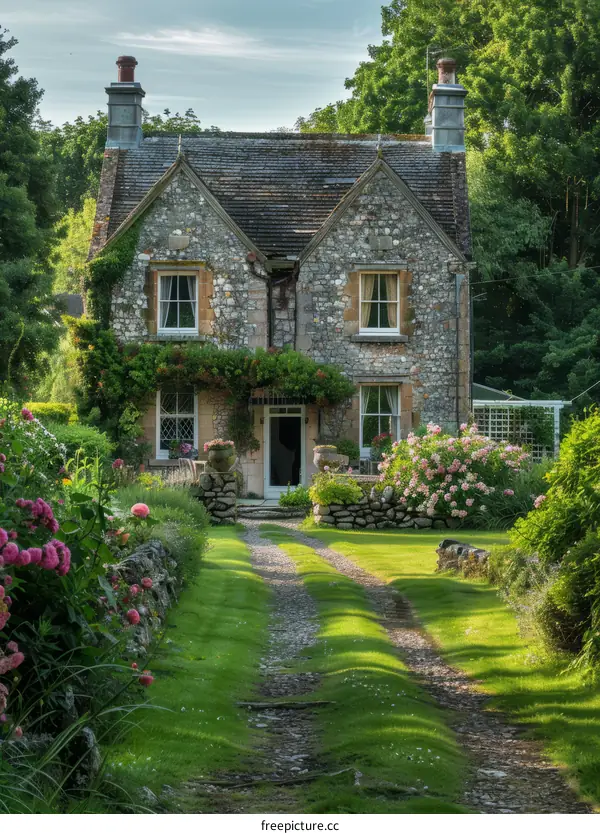 Stone Cottage with Flower Garden in the English Countryside