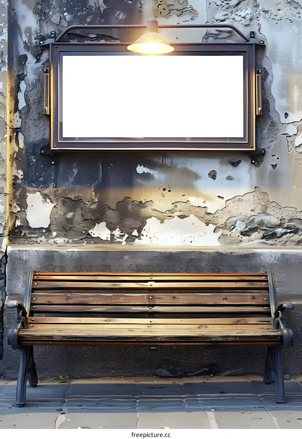 Empty Wooden Bench Under Vintage Sign