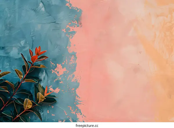 Abstract Background with Green and Red Leaves on a Textured Wall