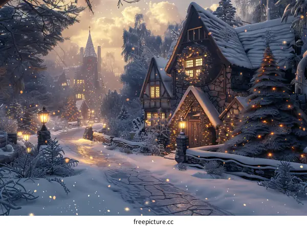 Lovely village covered in snow with beautiful Christmas tree