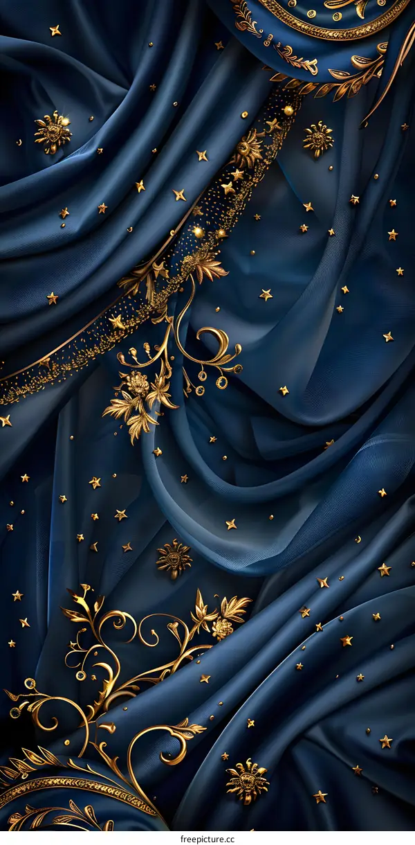 Blue silk with gold floral pattern