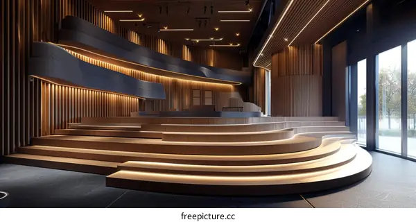 Modern Wood Slat Auditorium with Empty Stage and Stepped Seating