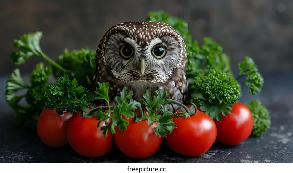 Owl with tomatoes and parsley