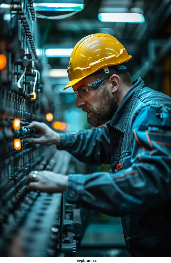 Technician in hard hat and safety glasses works at control panel