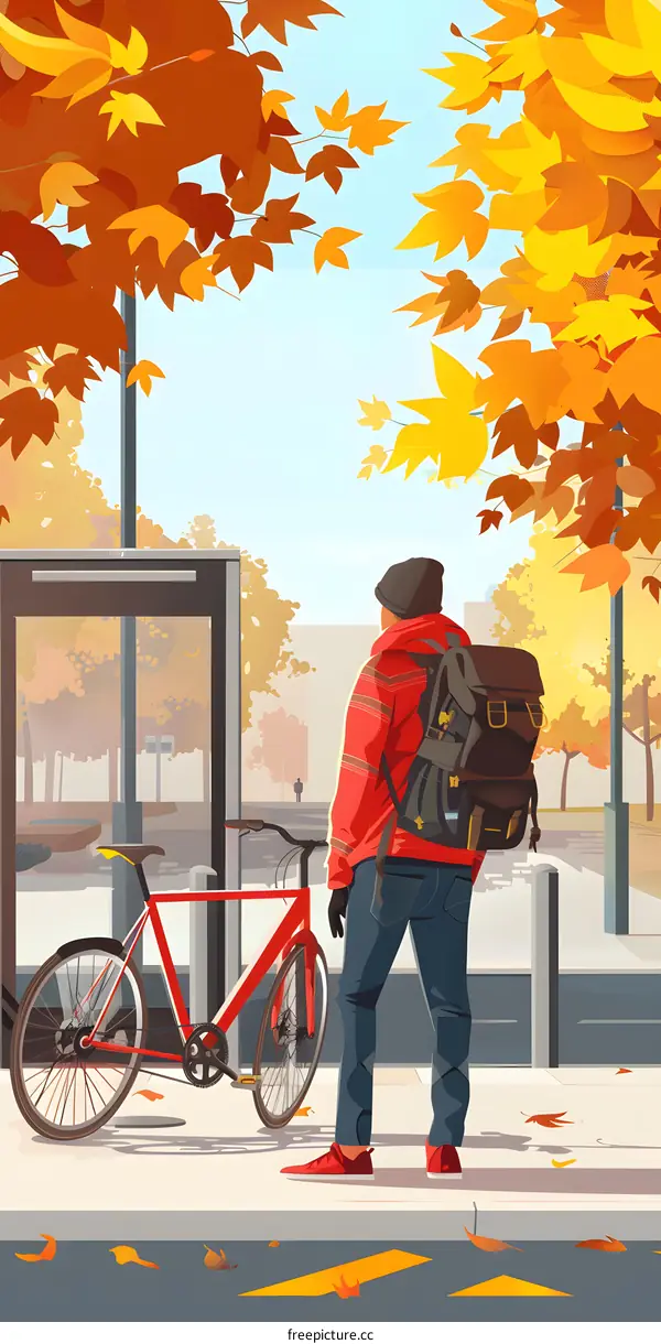 Man with a Backpack Stands by His Bicycle in Autumn