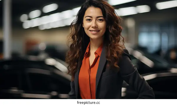Portrait of a young businesswoman standing in a car dealership