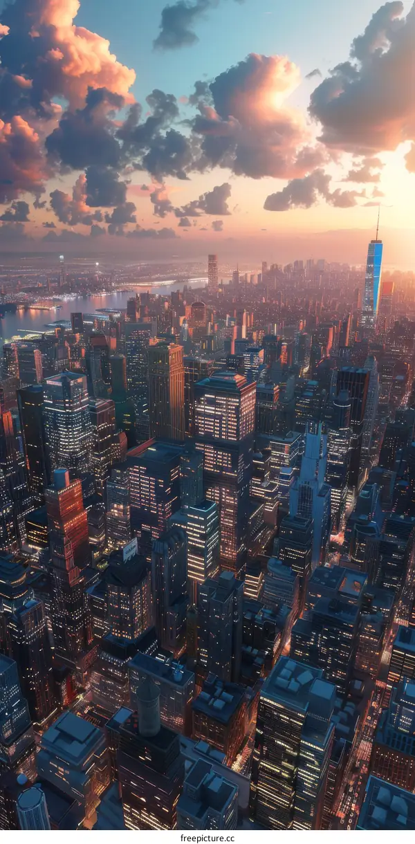 A Vibrant Metropolis of Glass and Steel, Under the Glow of the Setting Sun