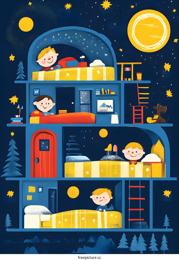 Four Boys Sleeping In Bunk Beds With Stars And Moon