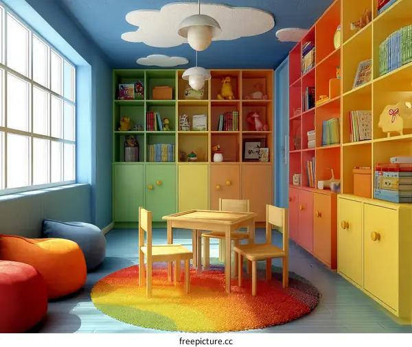 Colorful Kids Playroom with Bookshelves and Furniture