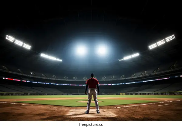 A baseball player standing on the field at night