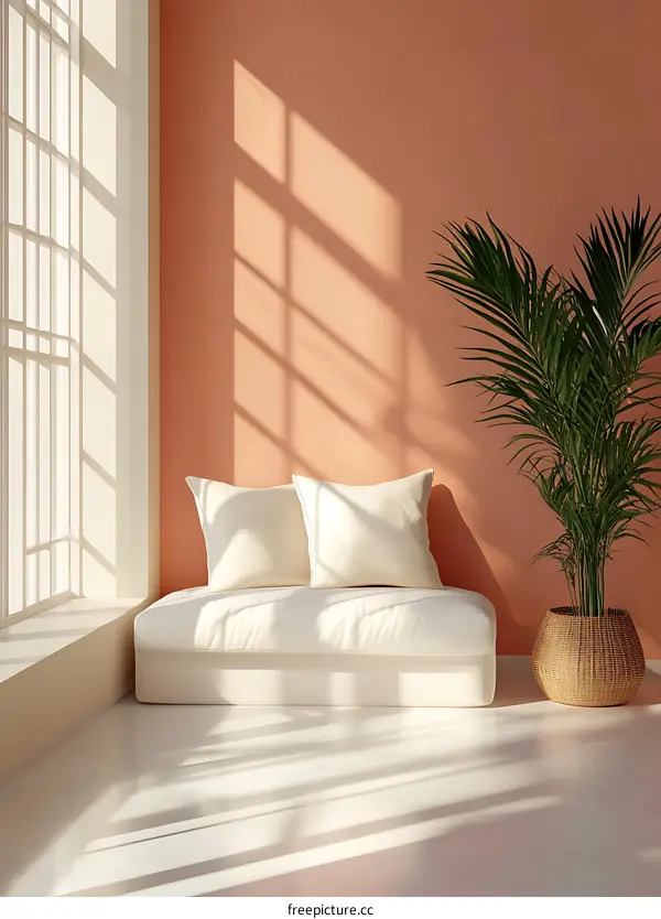 Minimalist Living Room With White Sofa and Palm Tree
