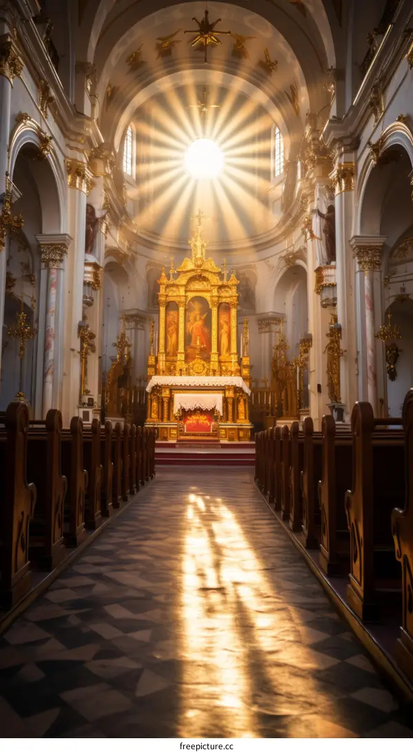 Sunlit church interior with altar