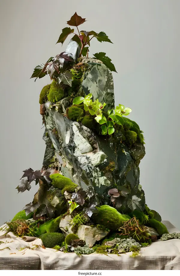 Green Mossy Rock with Small Plants