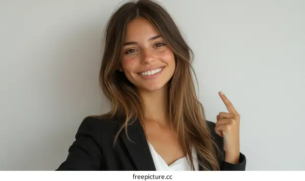 Smiling Woman in Business Outfit Pointing