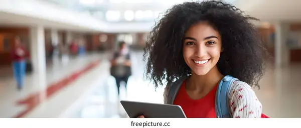 Young African American Woman Student Smiling Using Digital Tablet