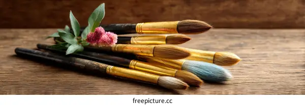 Artistic Paintbrushes on Wooden Surface