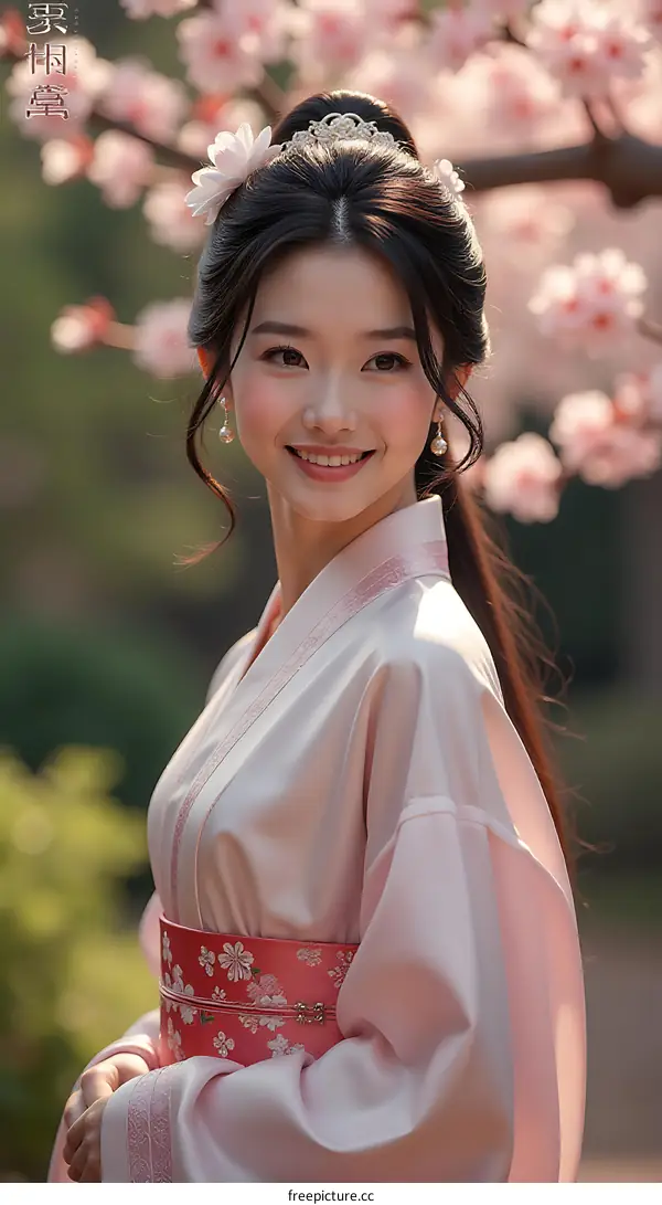 Asian Woman in Traditional Dress Amidst Cherry Blossoms