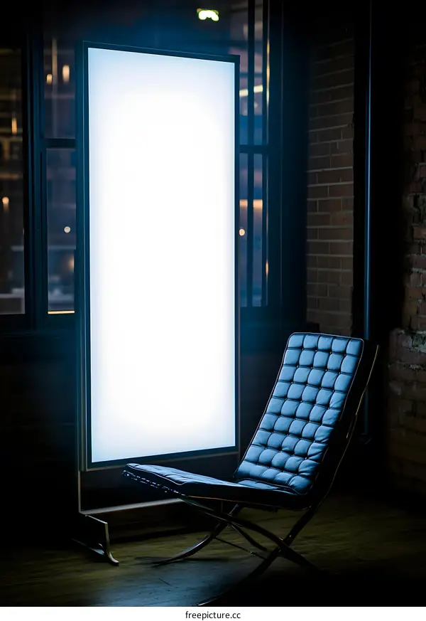 Blank White Screen Display with Leather Chair in Brick Wall Room