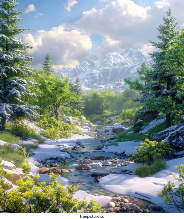 Snowmelt River in Serene Alpine Valley