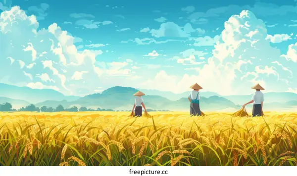 Asian Farmers Walking Through Golden Rice Field