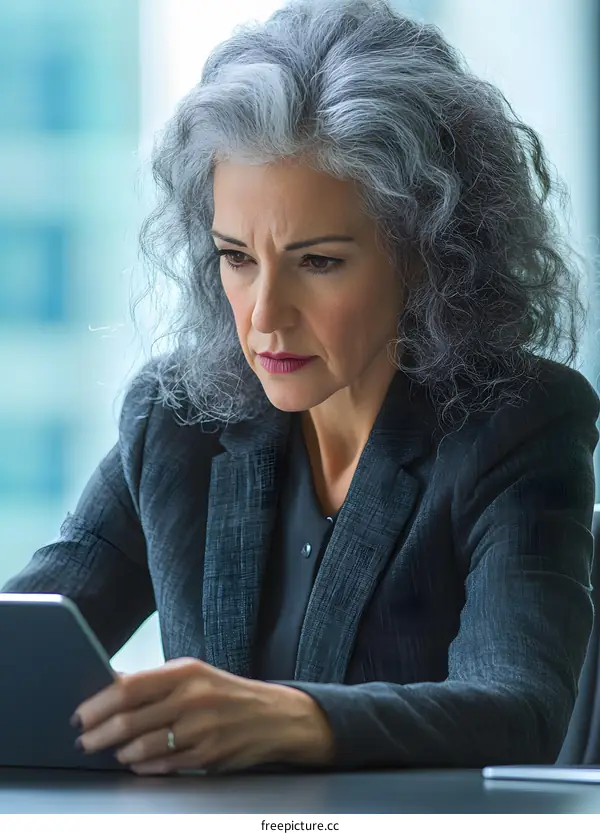 Businesswoman in a Suit Using a Tablet in an Office