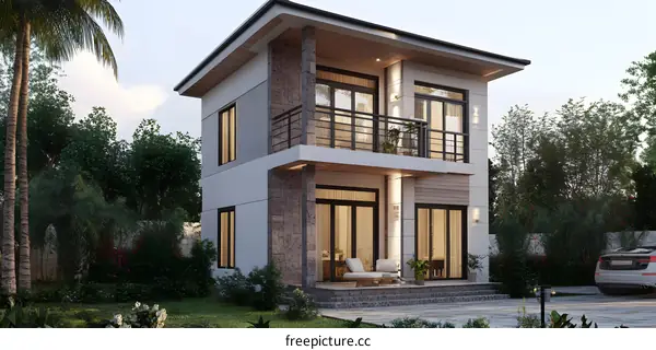 Modern Two Storey House with Balcony and Garden