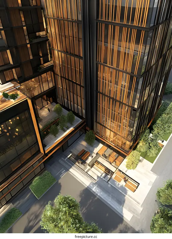 Modern Architecture Building Design With Wooden Facade and Outdoor Patio