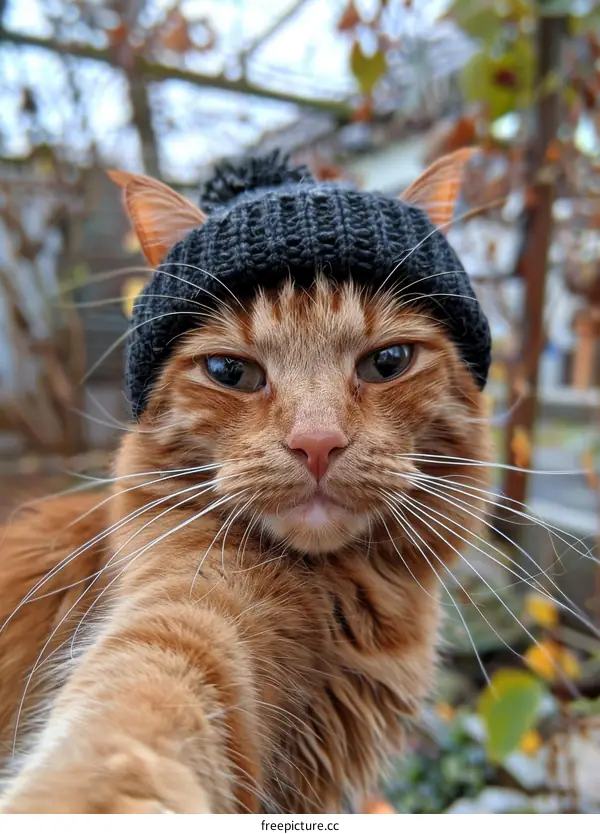 ginger cat wearing a black beanie