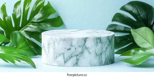 Marble Display Podium with Tropical Leaves
