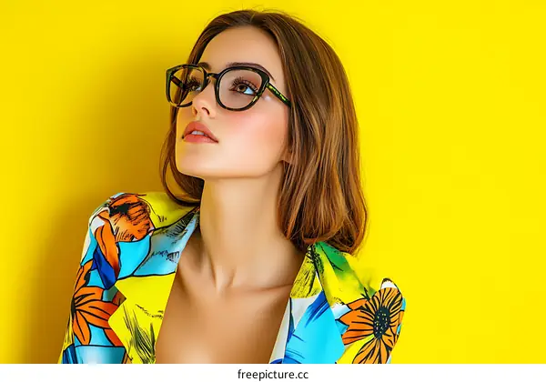 Stylish Woman in Colorful Printed Blazer against Yellow Background