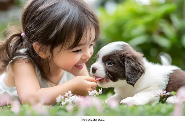 Cute Little Girl Feeding Puppy In Green Grass