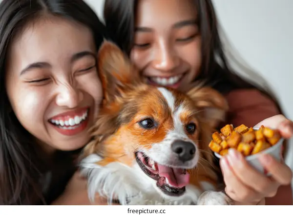 Two Asian women are feeding a dog