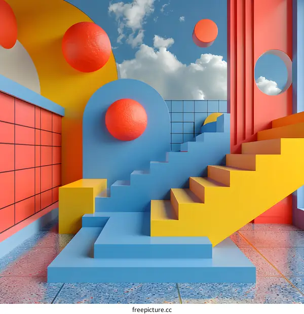 3d rendering of a surreal colorful room with stairs and floating spheres