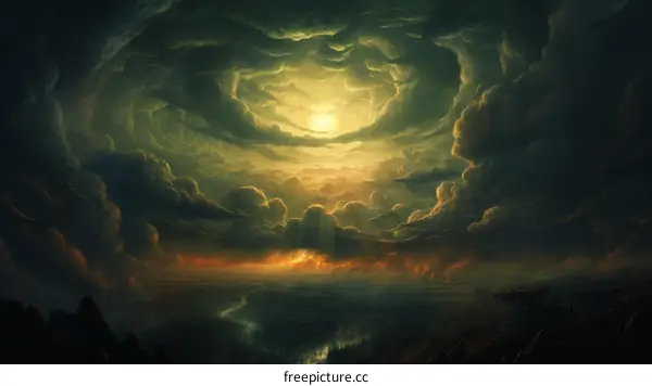 Fantasy landscape painting of a stormy sky with a large glowing moon and dark clouds