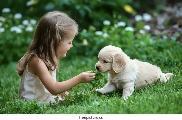 Little Girl Feeding Puppy in Grass