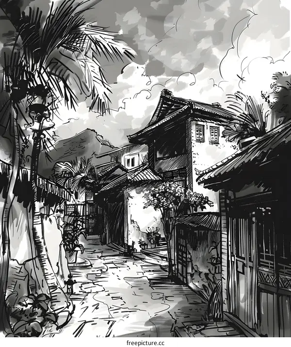 Black and White Illustration of an Asian Alleyway with Buildings and Palm Trees